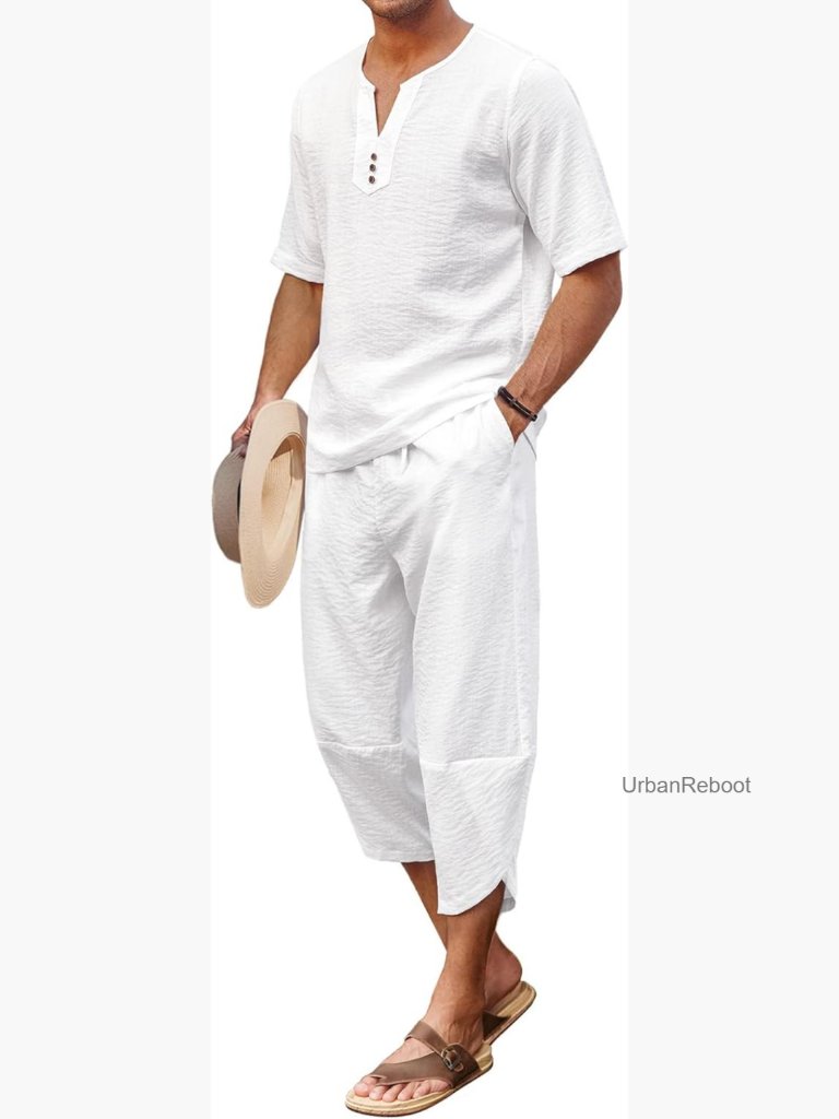 Men's 2 Piece Linen Set Henley Shirt Capri Pants